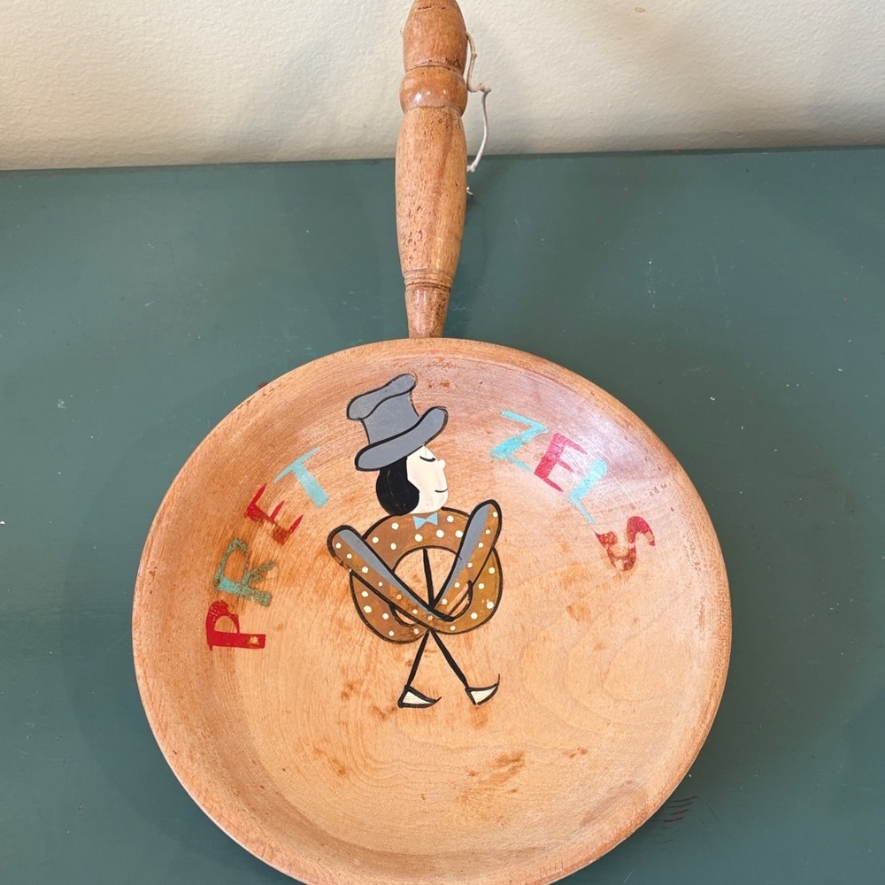 Vintage Hand-Painted Wooden Snack Bowl — Pretzels Design. Made in Japan.